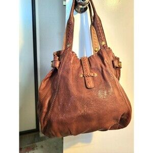 Lucky Brand Boho Brown Distressed Leather Whipstich Trim Southwestern Hobo bag